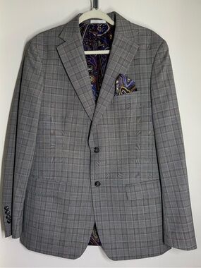 Tallia Gray Windowpane Men's Blazer with Paisley Lining